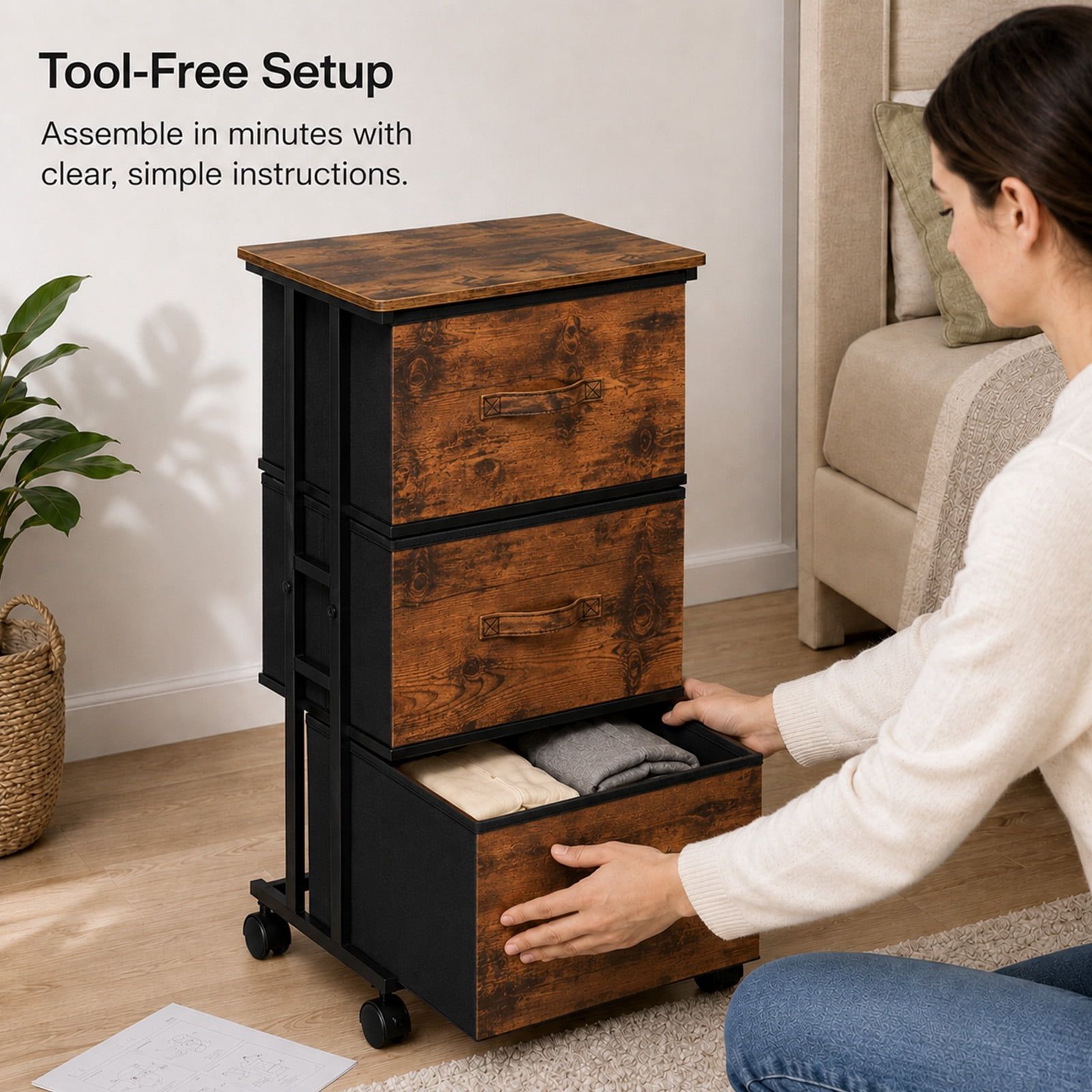 Alvantor Fabric Dresser 3 Drawer Storage Chest, Rolling Storage Tower, Vertical Storage Unit for Bedroom, Closet, Office