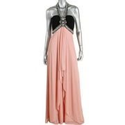 New XSCAPE Pink & Black Chiffon Halter Embellished Draped Formal Gown 2