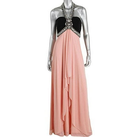 New XSCAPE Pink & Black Chiffon Halter Embellished Draped Formal Gown 2