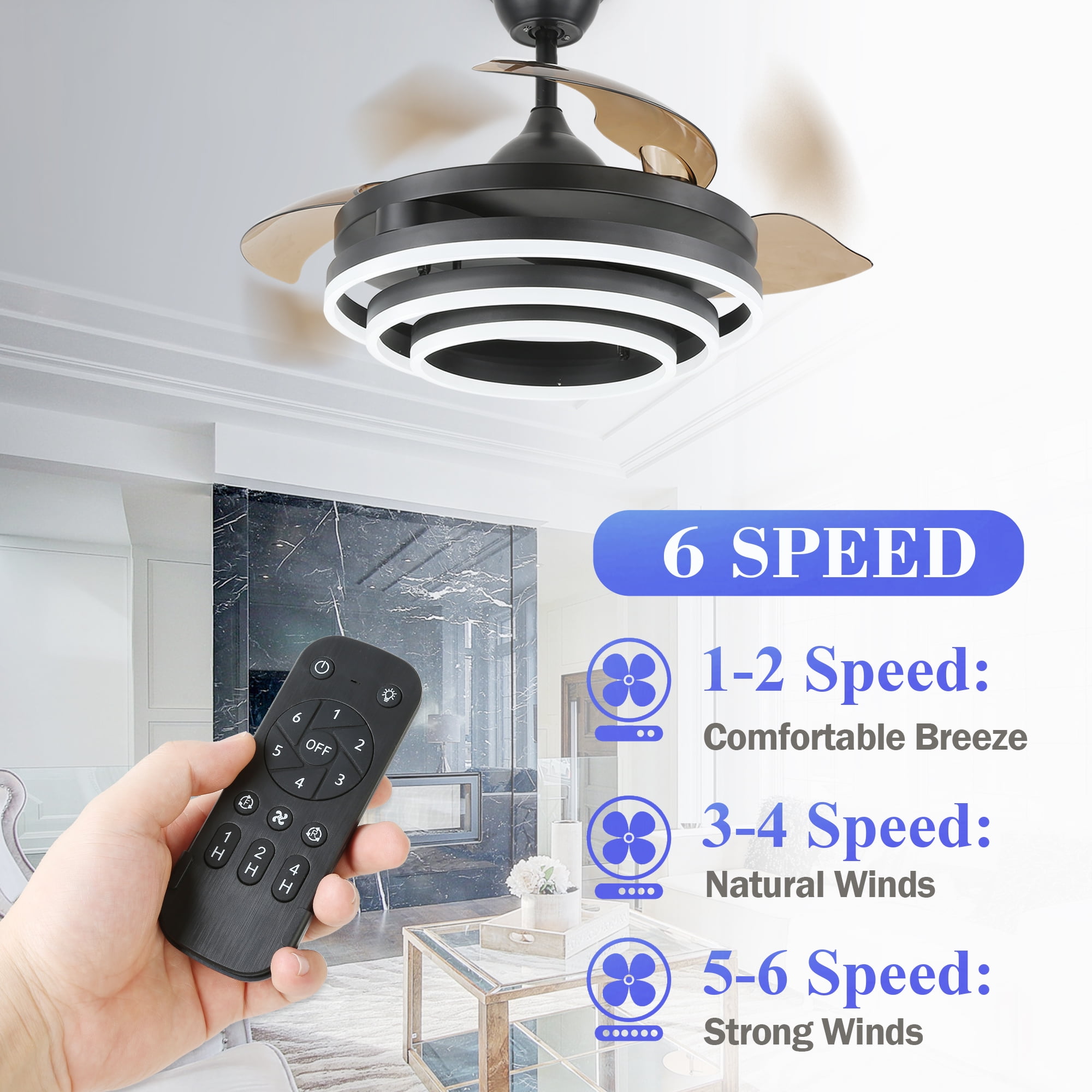 45W LED Retractable Ceiling Fan with Dimmable Remote Control, 42inch Black DIY Shape Reversible Ceiling Fan with 6-Speed and 3 Light Color