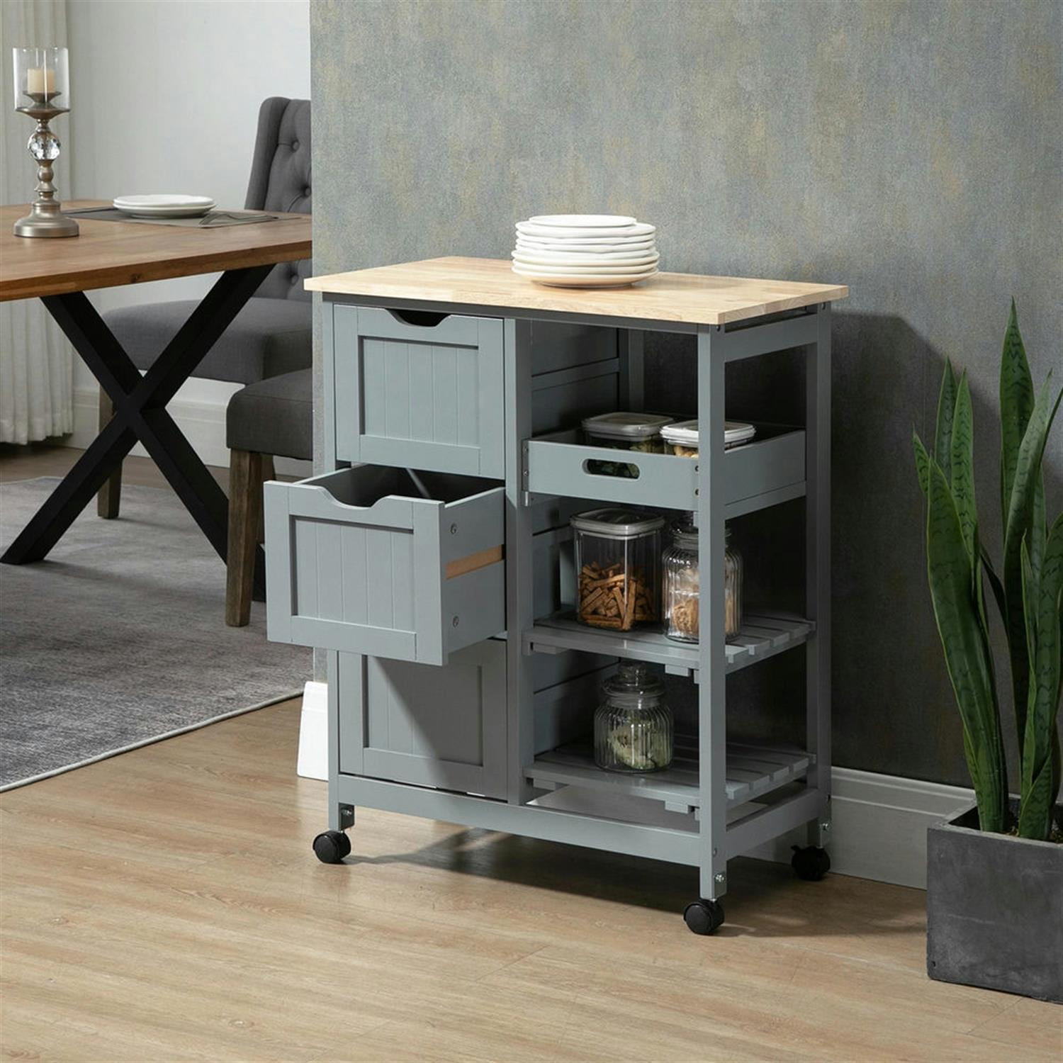 Demi Bonn 33" Kitchen Island Cart on Wheels with Storage, Rolling Dining Room Serving Utility Carts Mobile Movable with Wood Top and Drawer, Gray