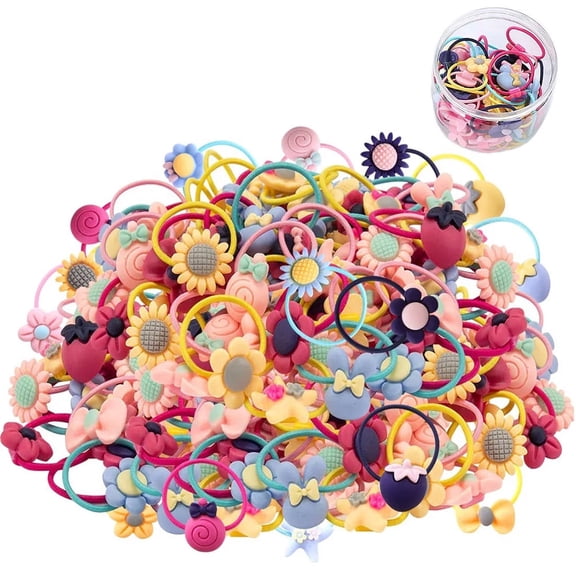 LNGOOR 50 Pieces Girls Cartoon Elastic Hair Ties Head Hair Tie Bands Ropes Girls Ponytail Holders