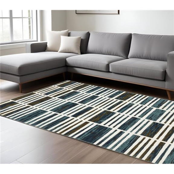 HomeRoots 576095 8 x 11 ft. Geometric Rectangle Area Rug, Ivory & Blue