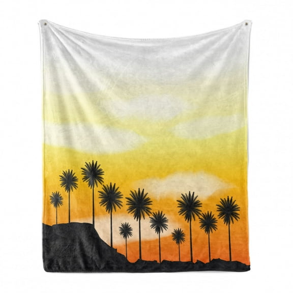 Tropical Soft Flannel Fleece Throw Blanket, Exotic Design Palm Trees Clouds Gradient Sky Sunset Composition, Cozy Plush for Indoor and Outdoor Use, 60" x 80", Pastel Yellow and Orange, by Ambesonne