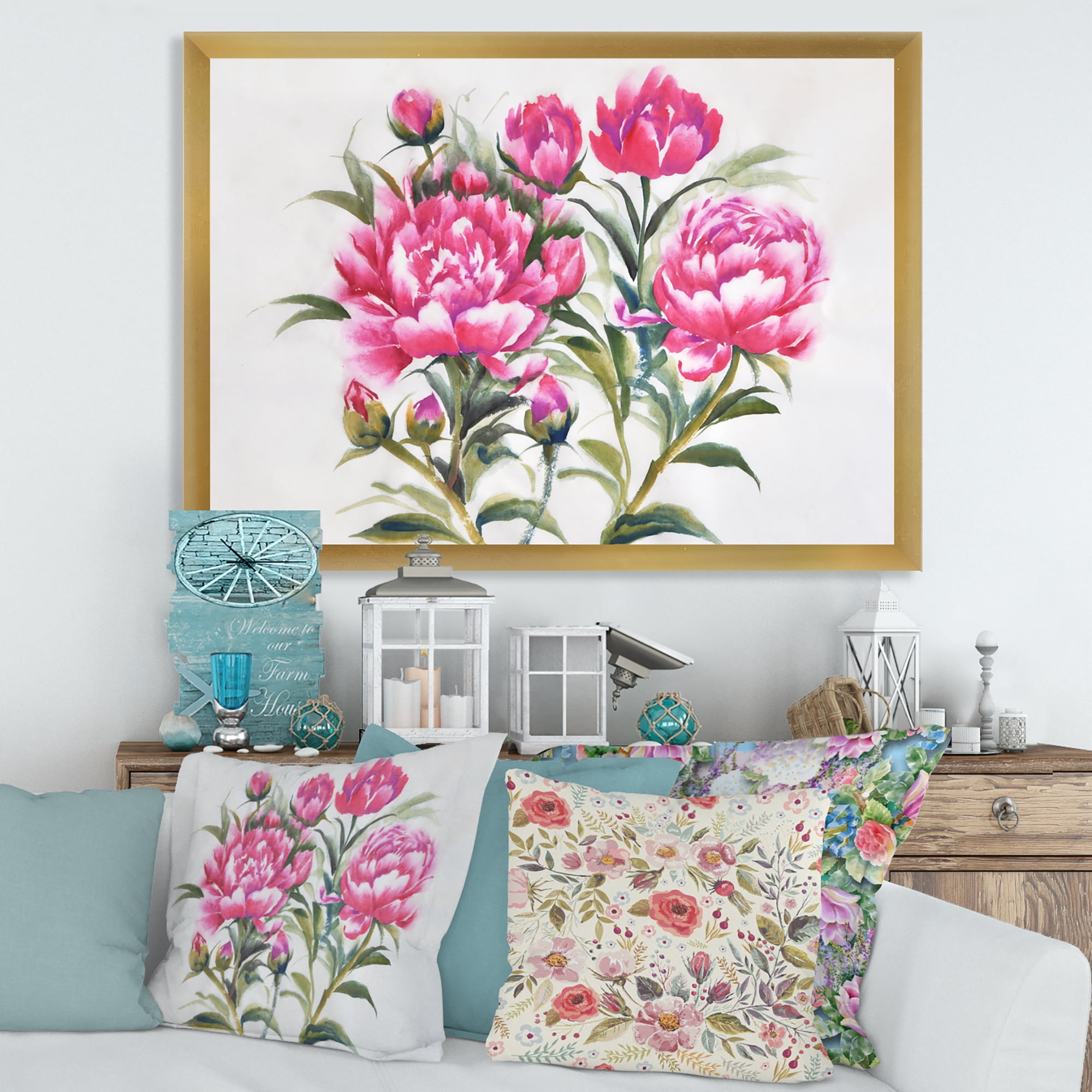Designart 'Purple Peonies Flowers' Traditional Framed Art Print