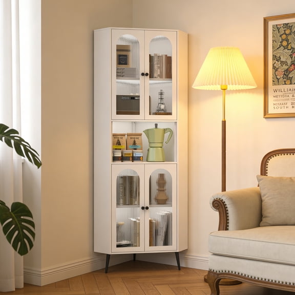 DRNANLIT 73" Corner Cabinet, White – Metal Storage Cabinet with Doors and Adjustable Shelves, Space-Saving Corner Organizer for Bedroom, Dining Room, Living Room, Office