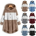thumbnail image 2 of qolati Winter Coats for Women 2023 Fall Outfits Trendy Fuzzy Fleece Hooded Patchwork Cardigan Outwear Oversized Long Sleeve Button Down Cozy Sherpa Jackets with Pockets, 2 of 4