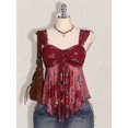 thumbnail image 3 of Burgundy Floral Print Asymmetrical Hem Tie-Front Peplum Tank Top For Women, 3 of 8