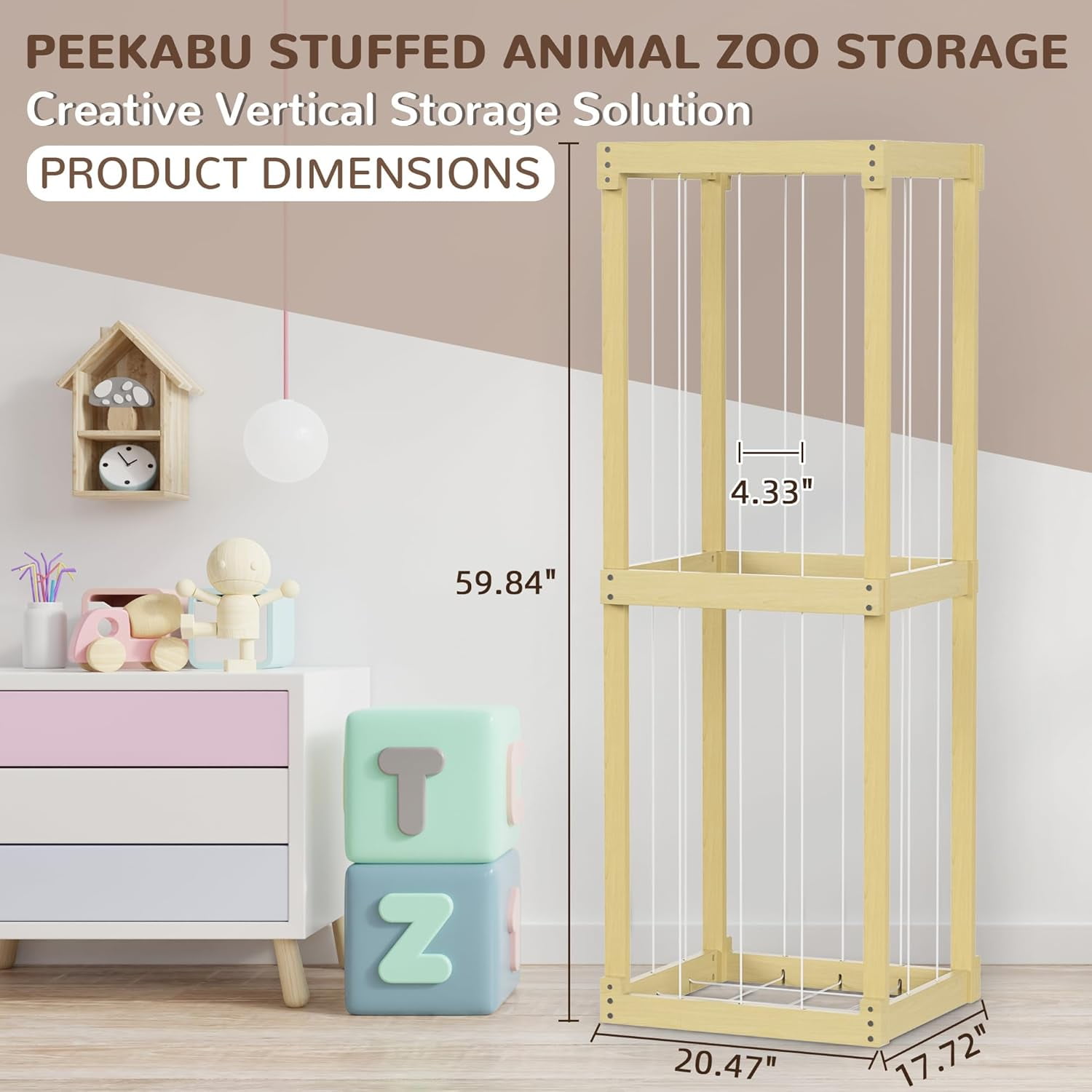 Peekabu Extra Large Stuffed Toy Storage, Stuffed Animal Holder Wooden Plush Storage, Organizer Shelf with Elastic Band for Birthday Gift for Toddler & Kid, Bedroom Decor Corner