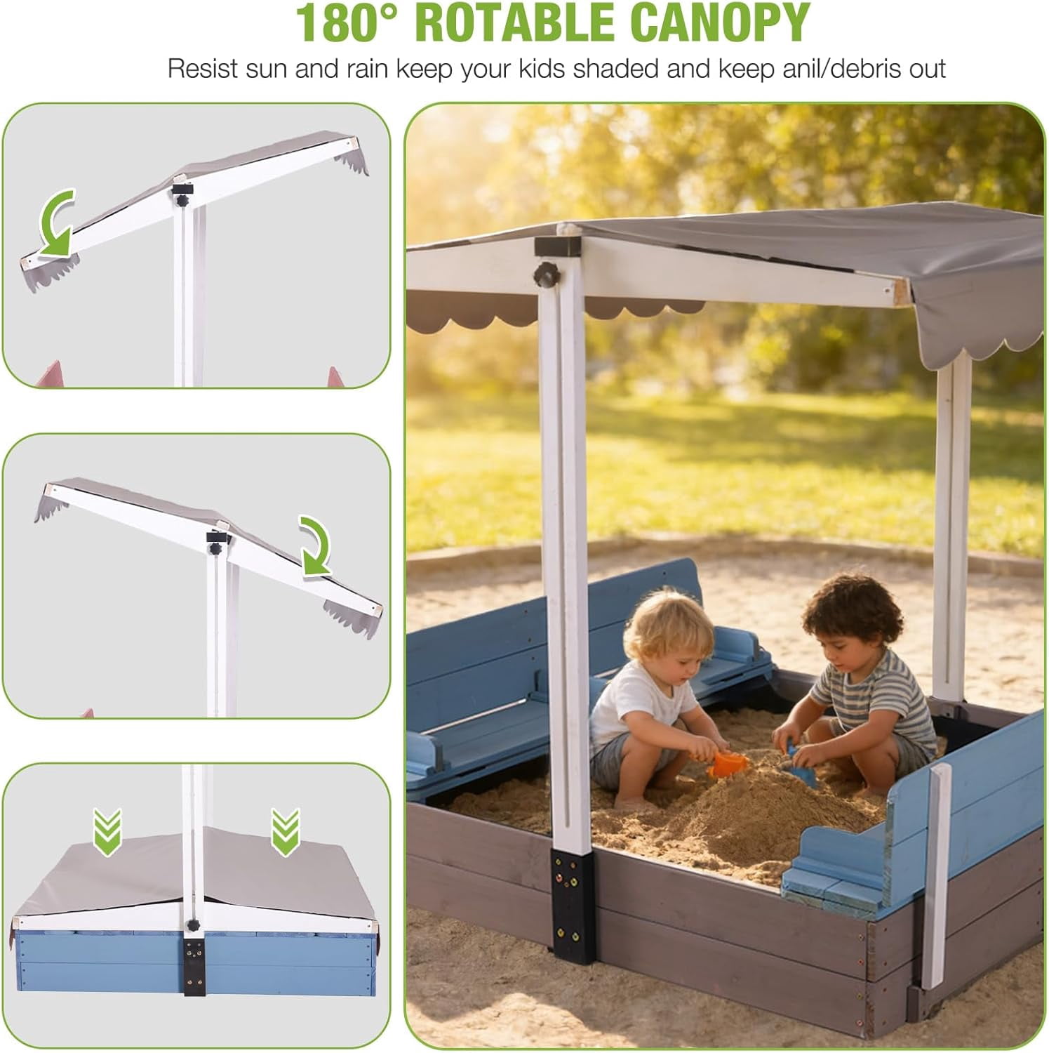 AIVITUVIN Sandbox with Lid and Cover for Kids Outdoor with 2 Foldable Bench Seats, Adjustable Canopy and Sand Protection Liner, 47.2" L x 47.2" W x 51.9" H, (Blue)