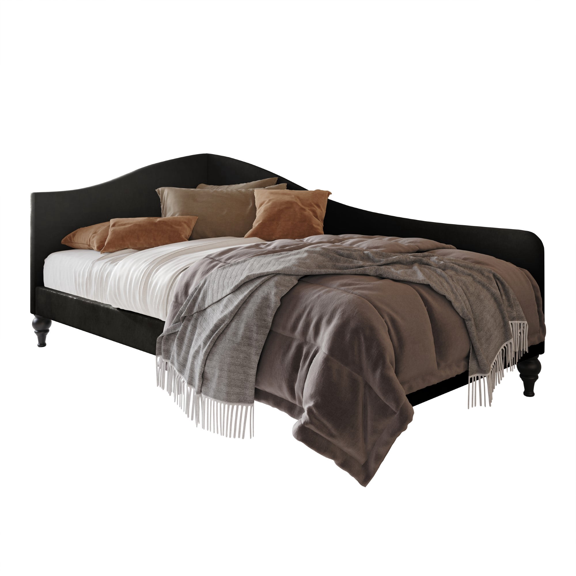 Home Design Ozark Twin Daybed with Upholstered Frame, Single Arm, High-Low Curved Back, Turned Tapered Legs, Stylish Seating and Sleeping, Black