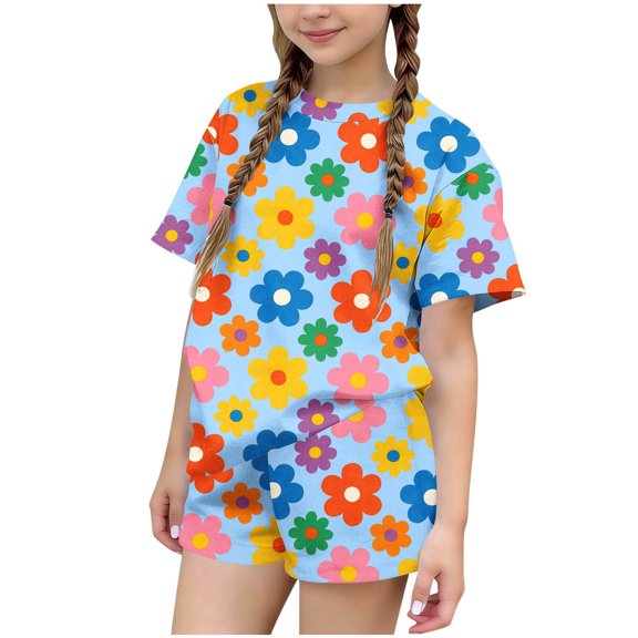 Cethrio Girls Summer Outfit Sets 2 Piece, Fashion Short Sleeve Crew Neck Kids' Clothing Sets Blue Size 7-8