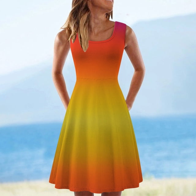 ICHUANYI Clearance Women's Casual Summer Tank Sleeveless Knee Length Pleated Sun Dresses Tie-Dye Gradient Floral Print Dress(Orange, M) ICHUANYI WER2023081117961