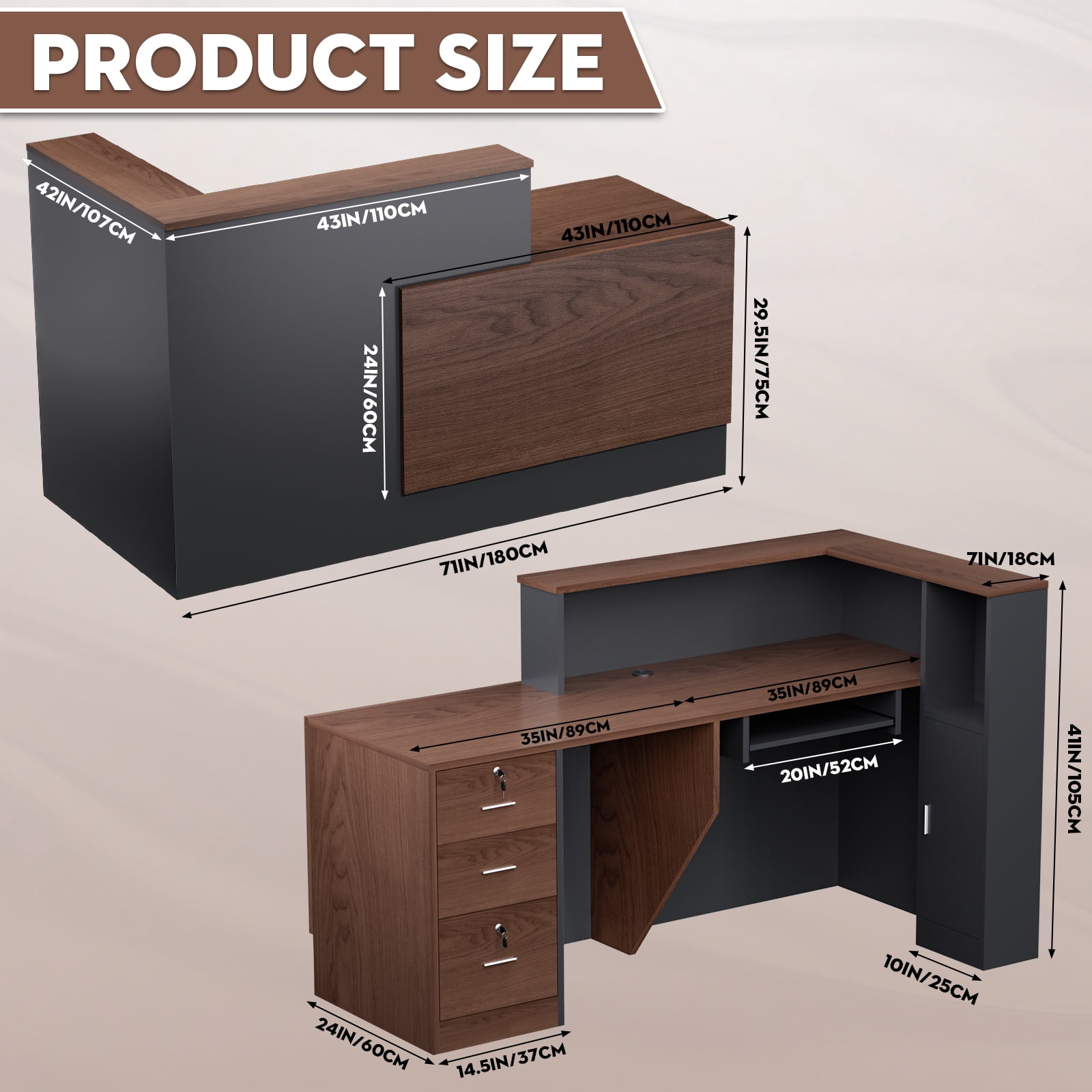 Vakiorn Reception Desk L Shaped Lockable Drawers Keyboard Tray Front Counter Table for Office Salon Lobby Walnut Right 71 inch