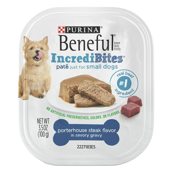 Purina Beneful IncrediBites Pate Wet Dog Food for Small Dogs, Natural Soft Porterhouse Steak Flavor in Savory Gravy, 3.5 oz Tub