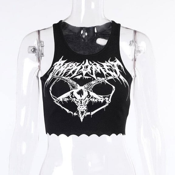 YCNYCHCHY Gothic Knitted Punk Black Tank Tops Mall Goth Clothes Grunge Goat Print Harajuku Women Crop Tops Skinny Sleeveless Streetwear