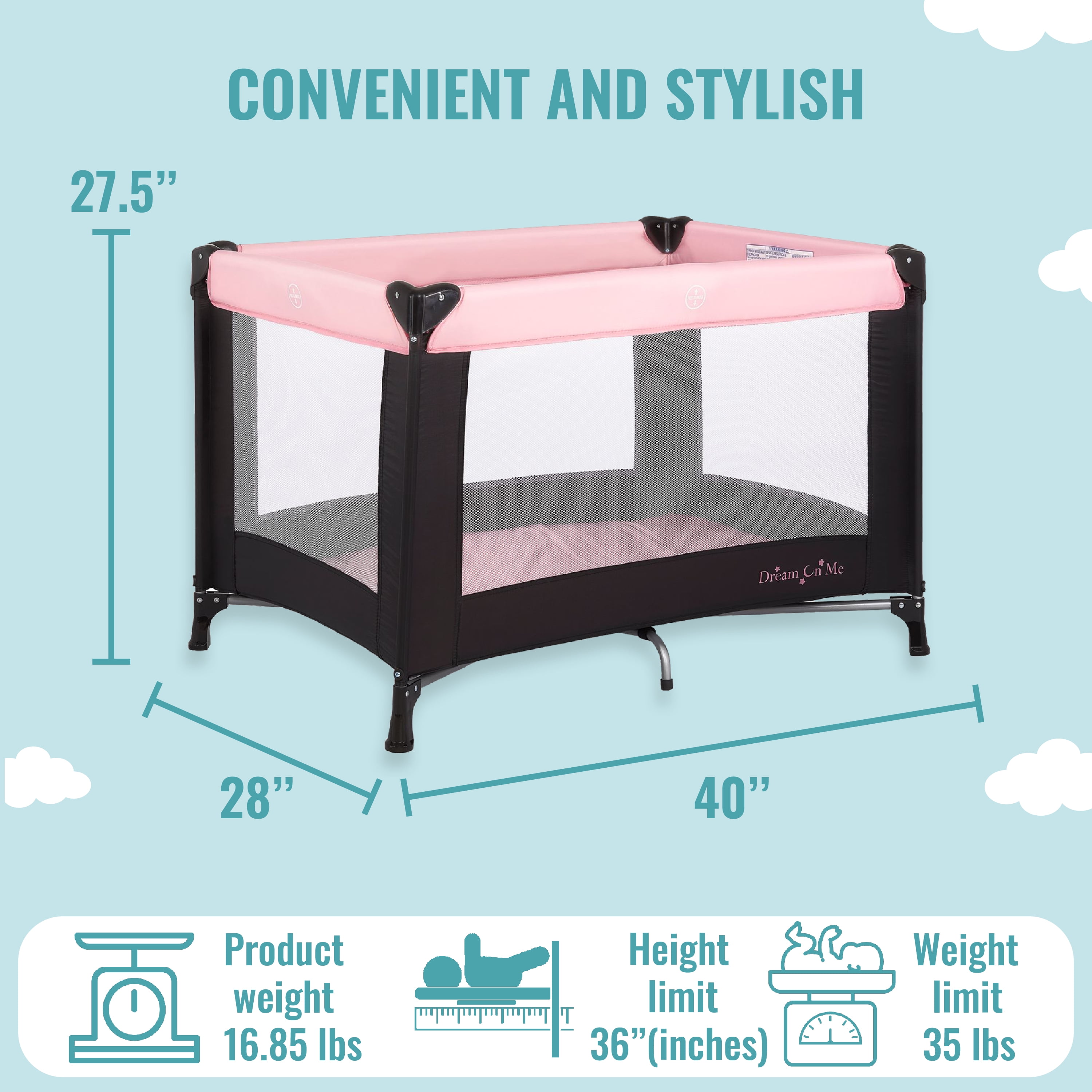 Dream on Me Nest Portable Play Yard with Carry Bag and Shoulder Strap, Pink, Unisex