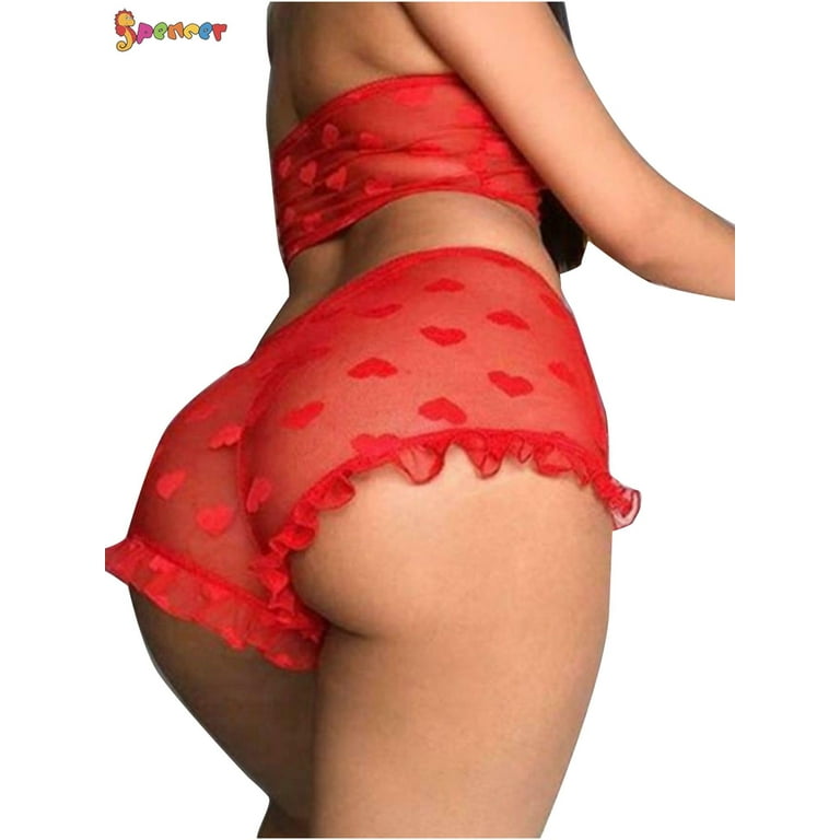 Spencer 2PCS Womens Sexy Lingerie Lace Bralette Bra Panty Set Floral  Babydoll Strappy G String T-Back Thongs Panties Sleepwear M,Red