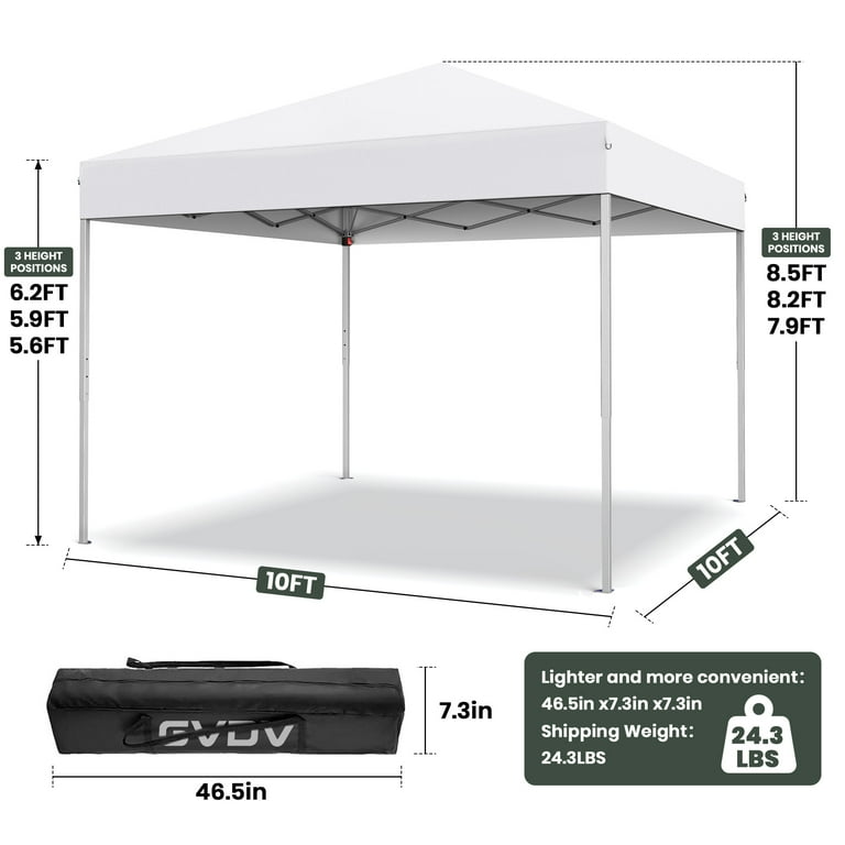 GVDV 10'x10' Easy Pop Up Canopy Tent, Straight Leg, UPF 50+ UV