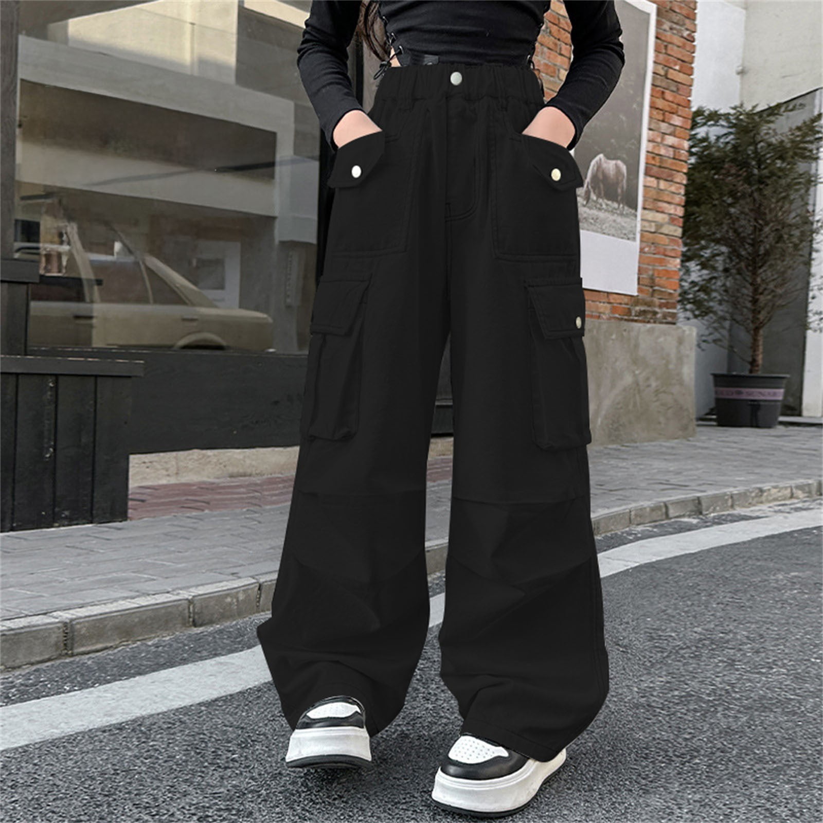 Women's Baggy Wide Leg Loose Cargo Pants Y2K Clothing Multi-Pocket Relaxed Fit Jeans Fairy Grunge Clothes Alt Emo Streetwear Kids Pants (12-13 Years, Black)