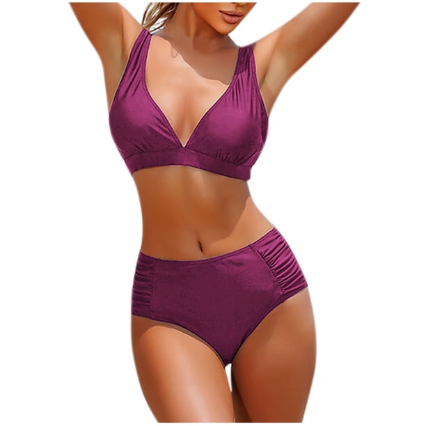 Bikini de Corte Alto de Mujer de Color Sólido con Cojín de Pecho, Correa sin Espalda Sexy sin Soporte de Acero