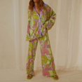 thumbnail image 2 of Women 2 Piece Outfits Casual Long Sleeve Loose Fit Button Down Shirts Blouses Tops Wide Leg Long Pants Sets Loungewear, 2 of 7