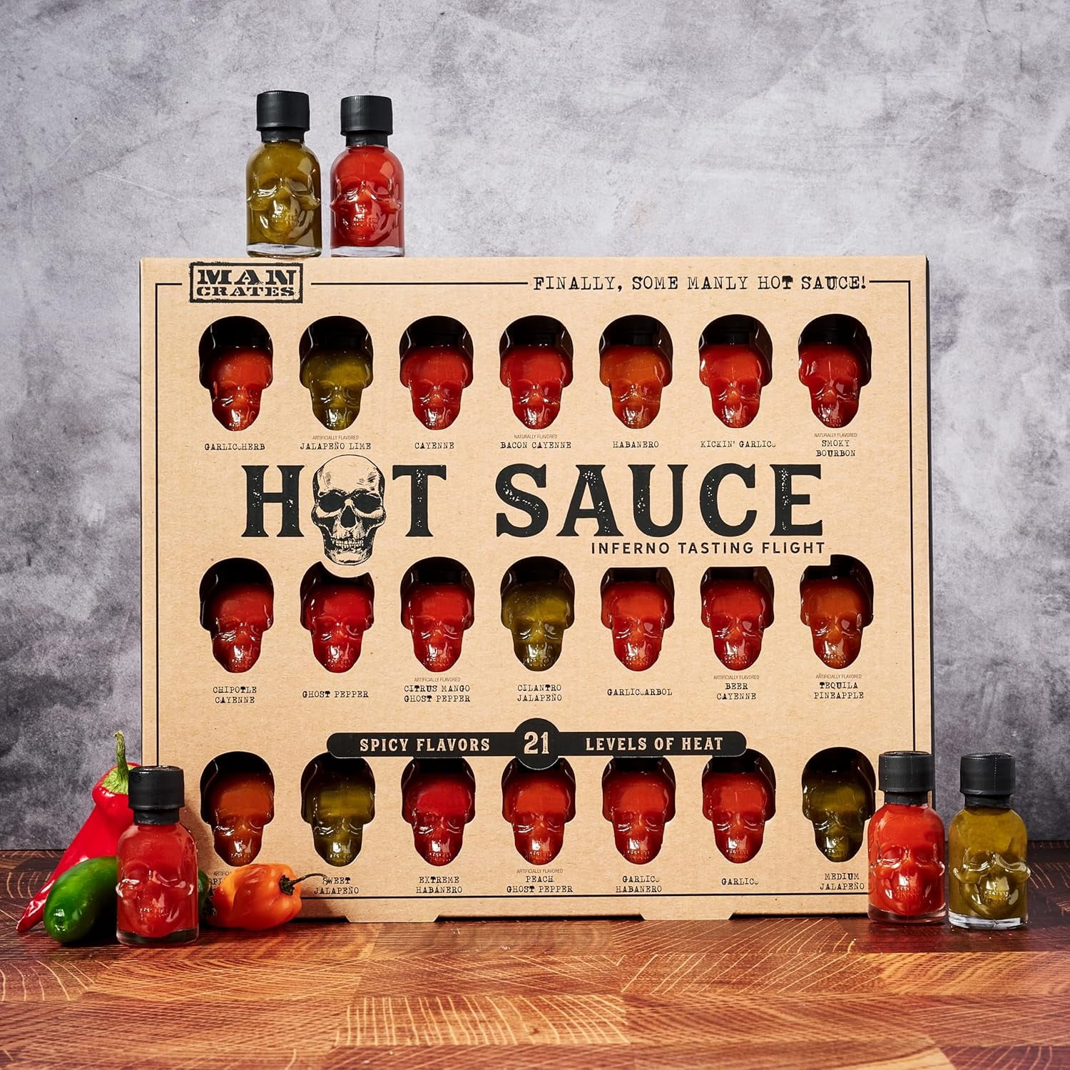 Man Crates Hot Sauce Inferno Flight, Includes 21 Flavors in Skull-Shaped Mini Hot Sauce Bottles, Spicy Challenge with Habanero, Ghost Pepper for Father's Day Gifts