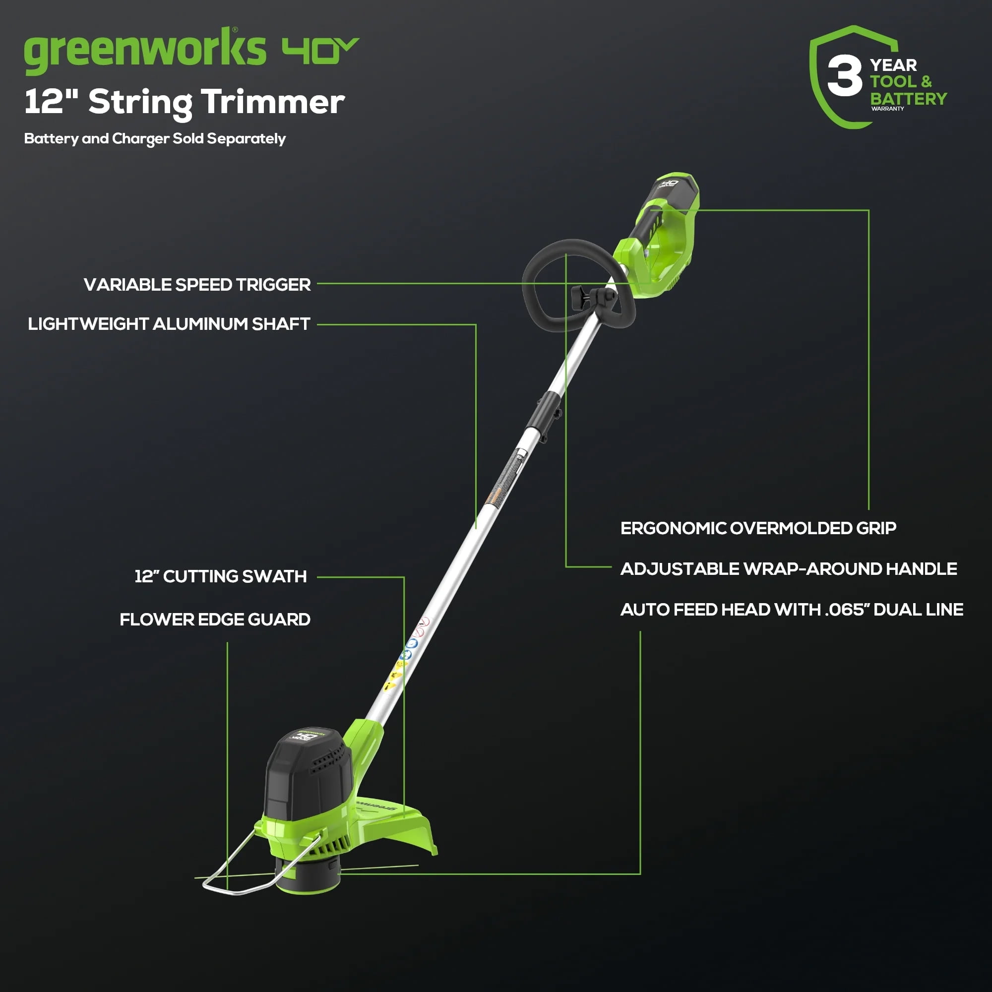 Greenworks 40V 12" Straight Shaft Cordless String Trimmer, Tool Only 2101602A