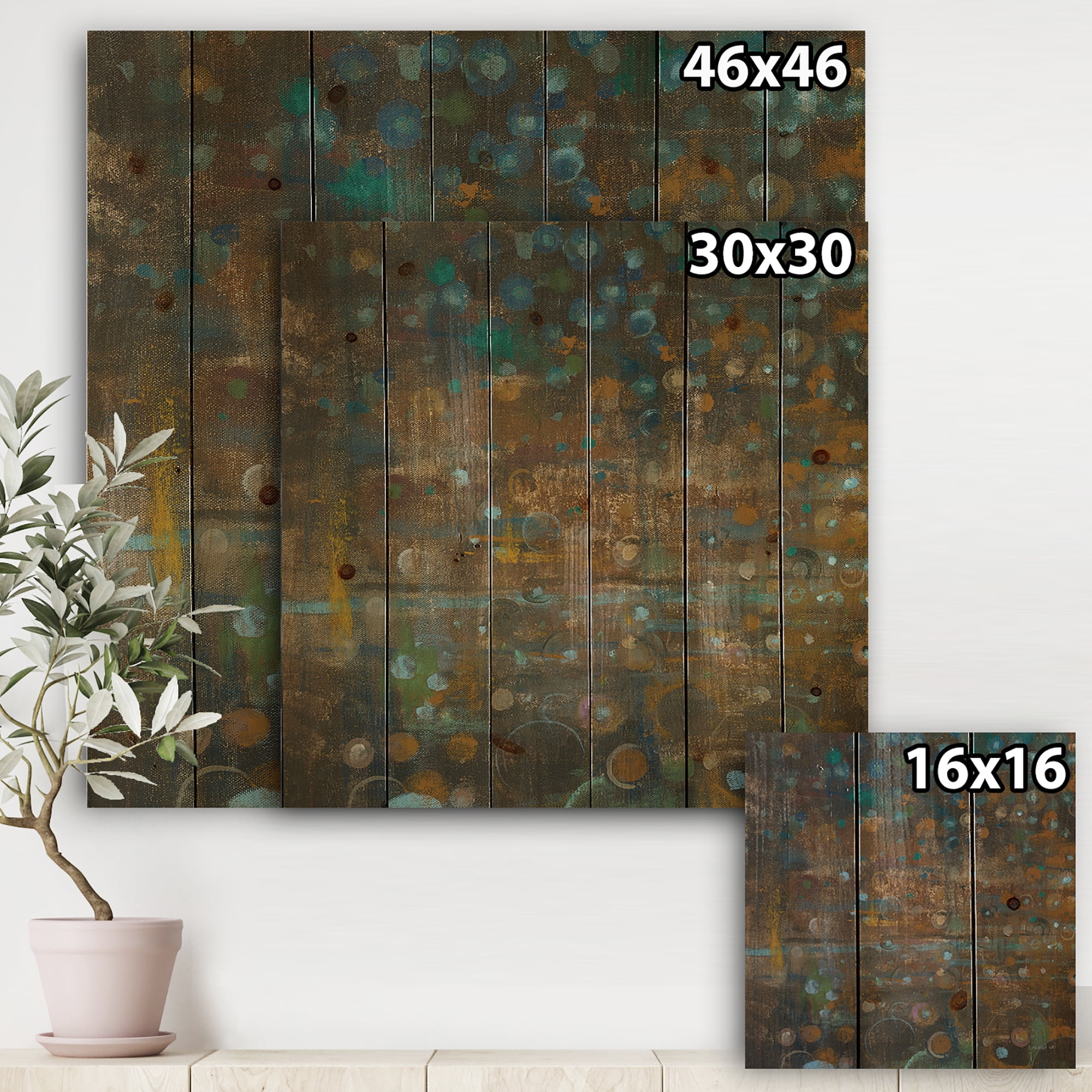 Designart 'Bronze and Blue Dots On Glass III' Cabin & Lodge Print on Natural Pine Wood