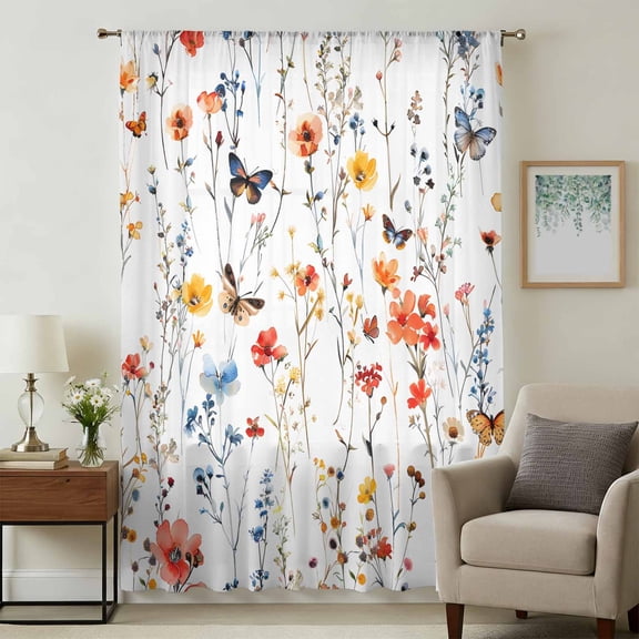 Elegant Spring Floral Sheer Curtains 72 Inches Long, Watercolor Botanical Butterfly Light Filering Curtains, Breathable Simi Curtain Privacy Drapes for Living Room Bedroom Window Treatment