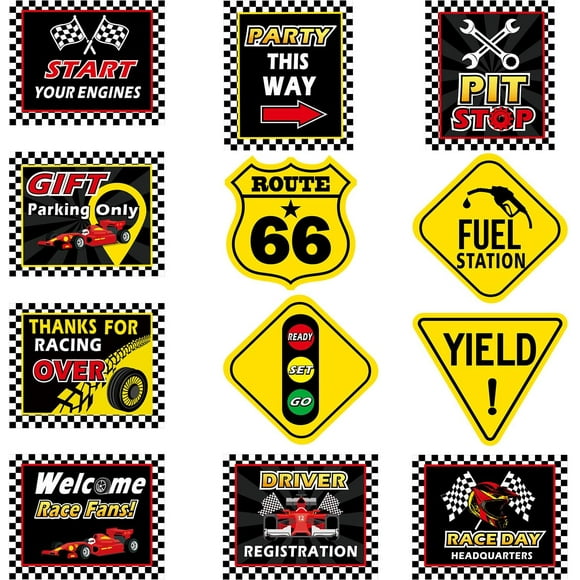 12 Pieces Racing Signs Race Car Party Decorations, 9.8-11.8 Inch Laminated Car Racing Decoration, Traffic Signs Cutouts, Road Racing Themed Party Signs, Racing Cutouts with 40 Glue Point Dots