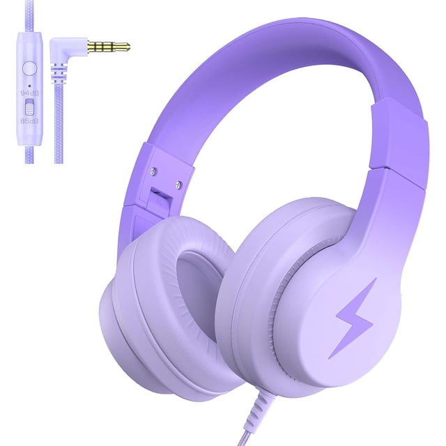 Candy Bila Auriculares para niños, auriculares con cable para niños sobre la oreja con micrófono, auriculares limitadores de volumen de 85/94 dB para niñas y niños, auriculares plegables para aprendiz