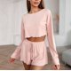 thumbnail image 5 of Pijama de Punto Acanalado para Mujer: Pijama Suave y Transpirable de 2 Piezas, Camiseta de Larga y Pantalones Cortos, Ropa de Estar Cómoda, Color Rosa L, 5 of 8