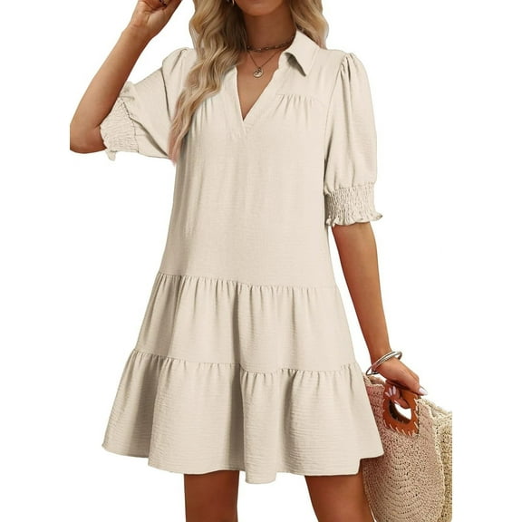 Women'S Pleated Mid Sleeve Dress Creamy White S