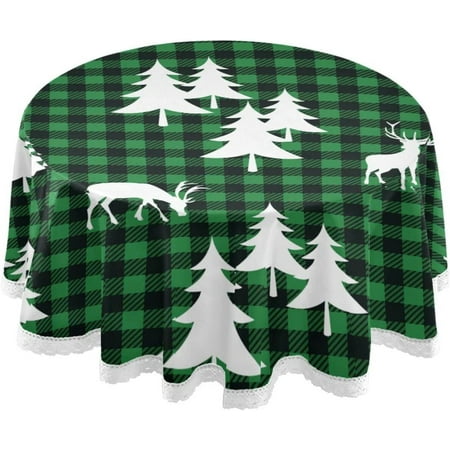

BESTKITTY Xmas Deer Bear Green Plaid Round Tablecloth Decorative Table Cloth Cover for Wedding Party Dinner Accessory