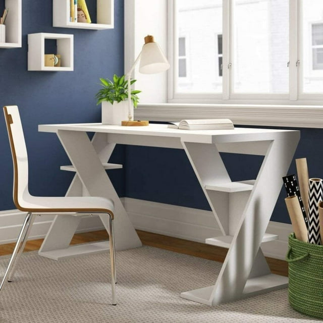 JV Home Papillon Collection Blanc Bureau de 55 Pouces Long Table de Bureau à Domicile pour Étude, Travail, Portable, Table d'Écriture, Poste de Travail