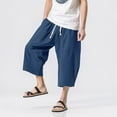 thumbnail image 2 of kosheko Capri Pants for Men Baggy Breathable Linen Wide Leg Cropped Pants 2025 Trendy Solid Drawstring Harem Pant Plus Size Blue M, 2 of 5
