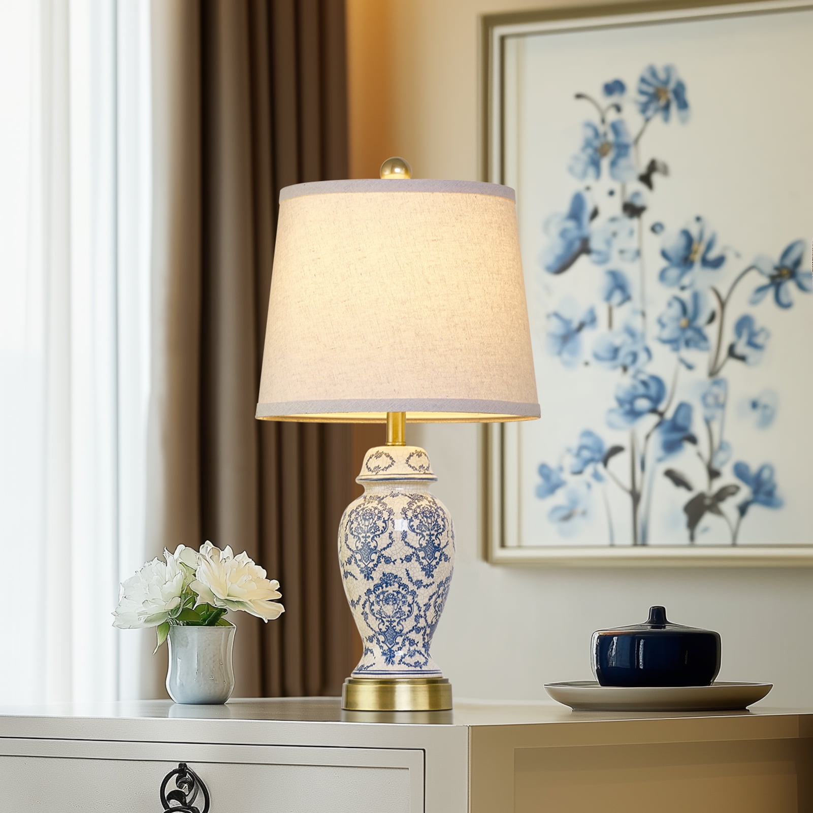 RORIA 22" Blue and White Porcelain Table Lamps Set of 2, Traditional Chinese Ceramic Bedside Lamps, Suitable for Bedroom and Living Room Nightstands