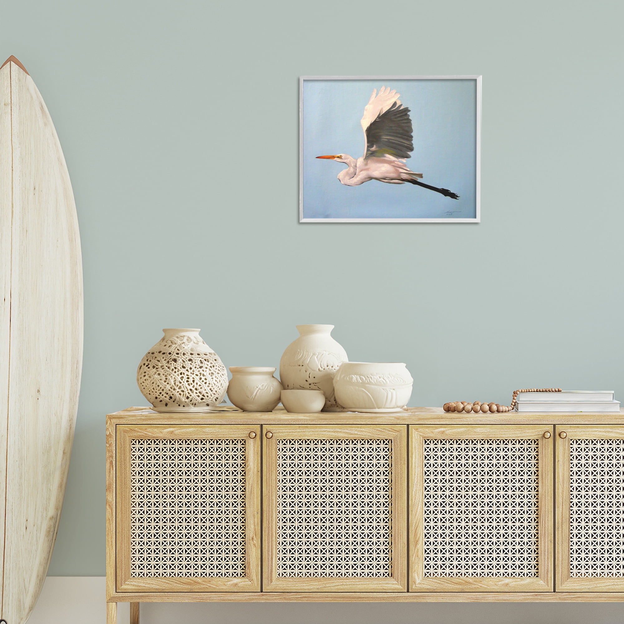 Stupell Industries Graceful Egret Flying Animals & Insects Painting White Framed Art Print Wall Art, 20 x 16