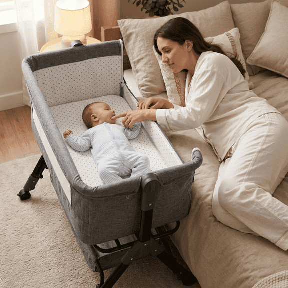Baby Bassinet, Bedside Bassinet for Baby, 3 in 1 Bassinet Bedside Sleeper with Wheels, Mosquito Net, Adjustable Easy Folding Portable Bed for Infant Newborn (Dark Grey)