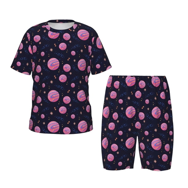 Balery Pink Planets And Stars Conjunto de Pijama Infantil de Manga Corta con Estampado – Ropa de Dormir de Algodón Suave-Small