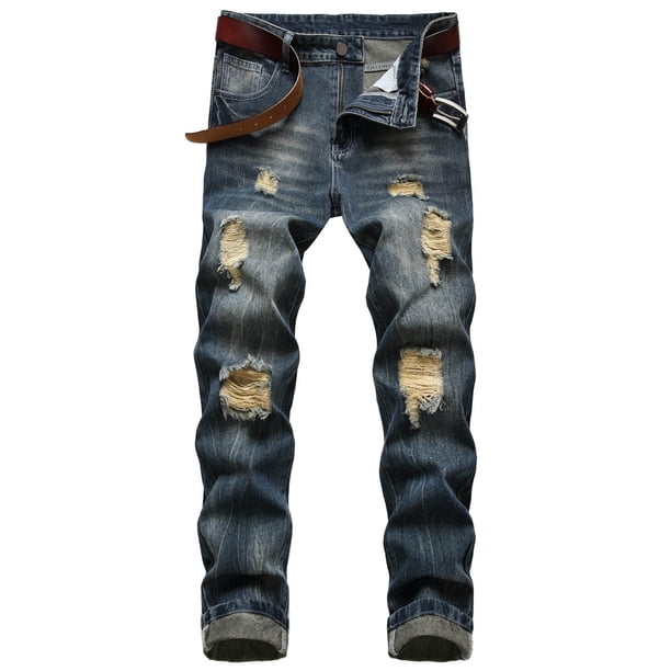 Pantalones vaqueros ajustados elásticos de Fnochy para hombre con parches desgastados, deshilachados y pierna recta, ajustados