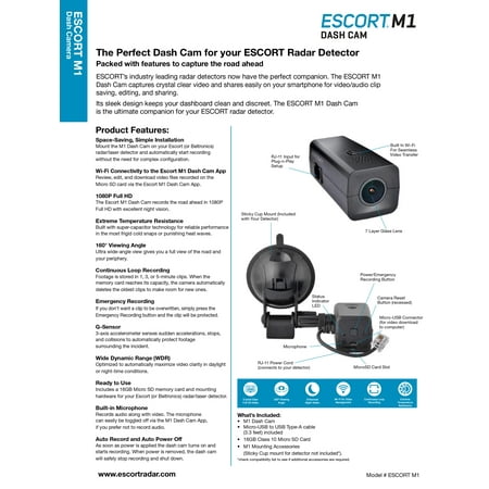 ESCORT M1 DASH CAM - Companion Dash Cam to your Escort Radar Detector. Video/audio Clip Saving, Editing & Sharing