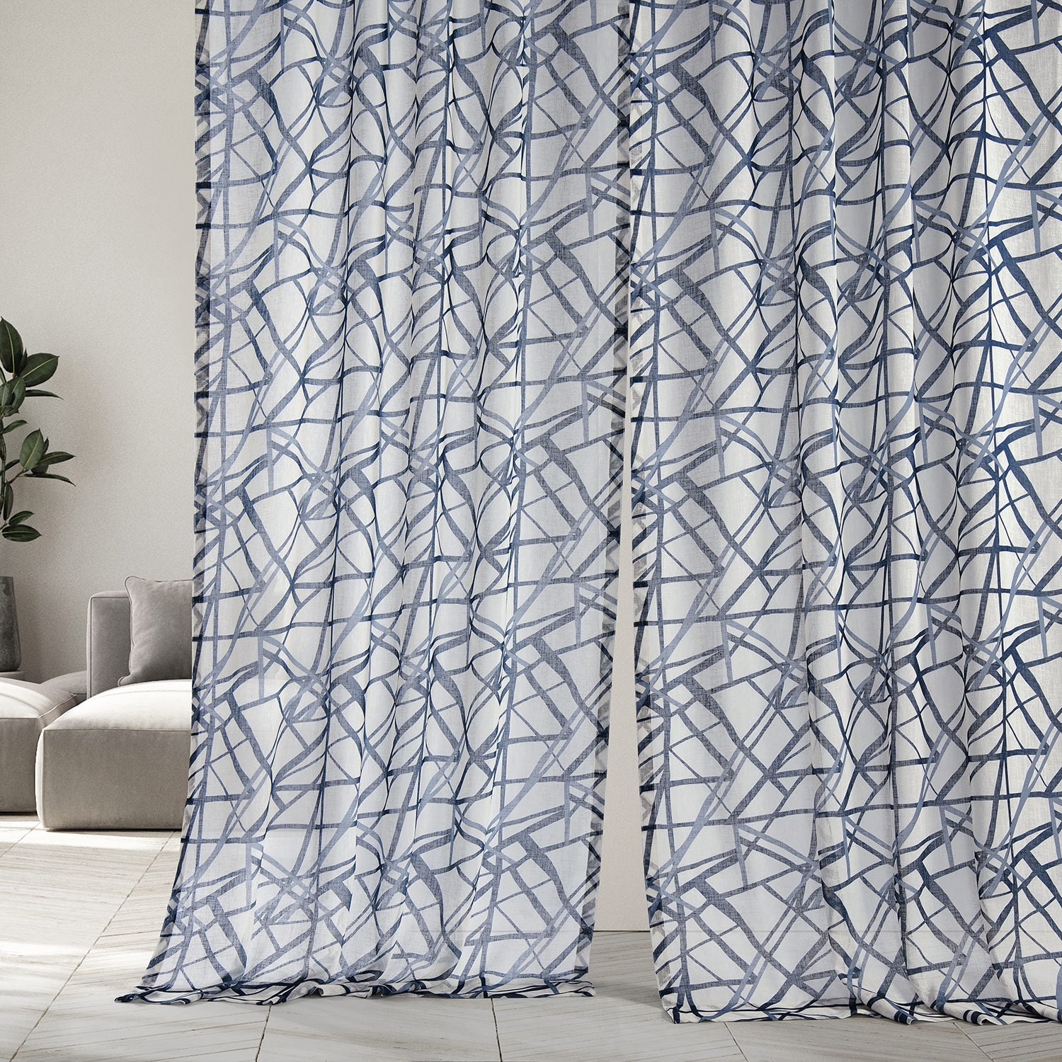 Matrix Blue Printed Faux Linen Sheer Curtain (1 Panel), Matrix Blue, 50W X 96L