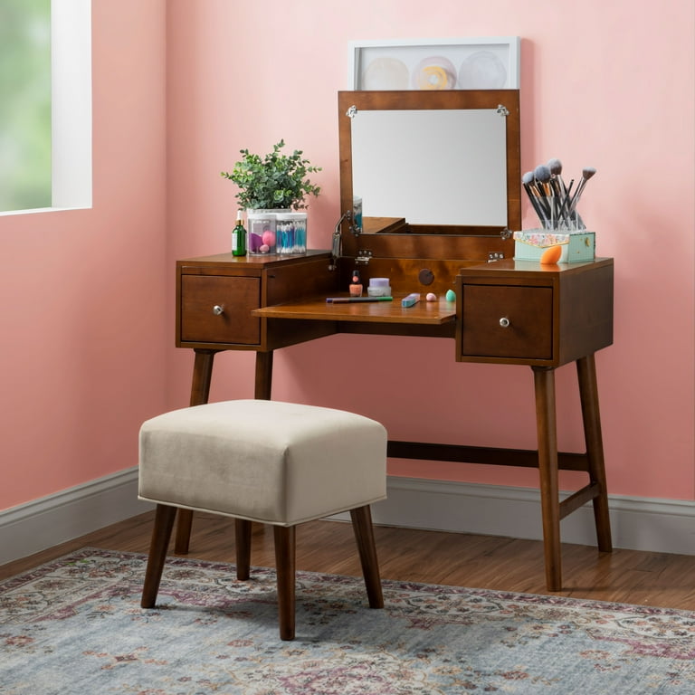 Linon Viola Vanity Set with Stool, Storage Drawers, and Flip Top