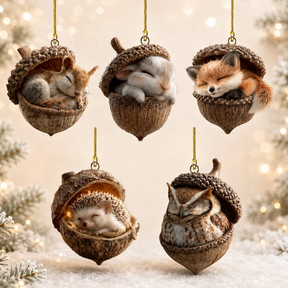 5 Pcs Forest Animal Acorn Ornaments, Squirrel Rabbit Fox Hedgehog and Owl Christmas Ornaments, Cute Woodland Hanging Decorations for Christmas Tree, Rustic Holiday Decor