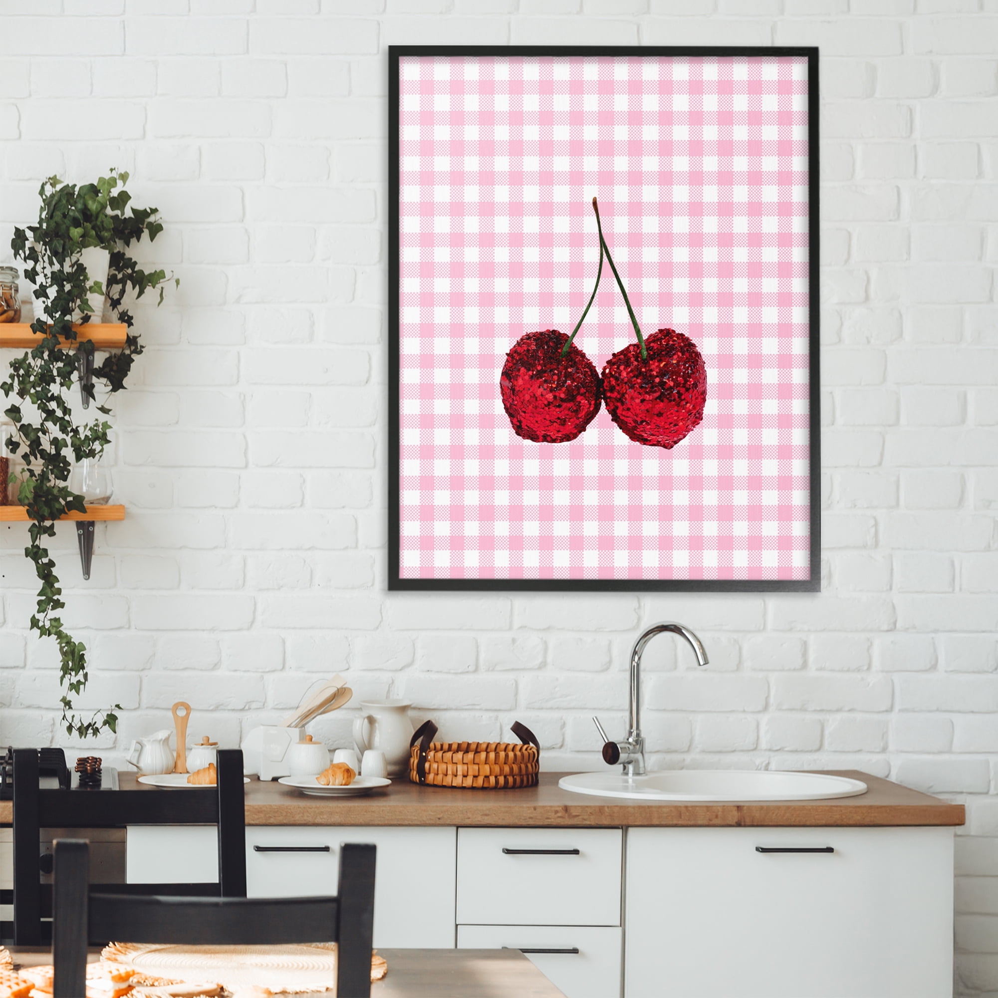 Stupell Industries Glitter Cherry on Pink Gingham Black Framed Giclee Art, design by LISH Creative