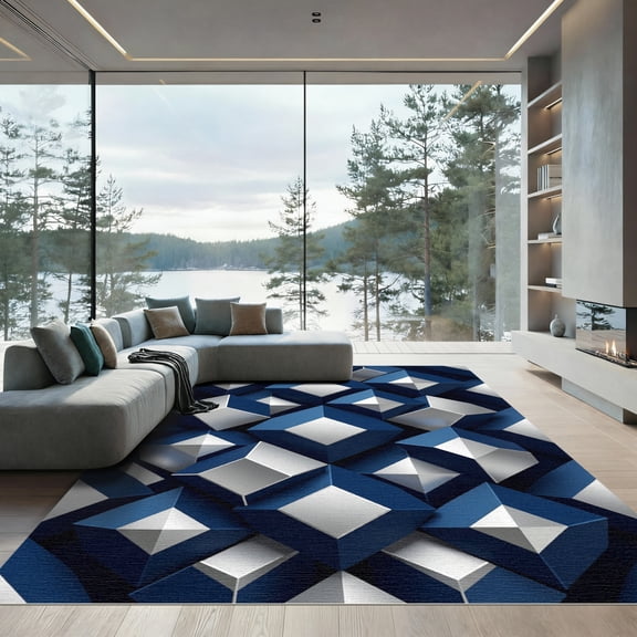 ODIKA 4' x 6' Machine Washable Non-Slip Area Rug, geometric geometric High Traffic Rug, Blue, 1003945