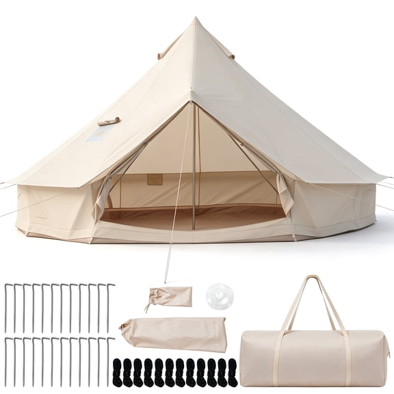Costway 16.7 ft Bell Tent with Stove Jack, Mesh Windows & Doors, Accommodates 6-8 Person Beige