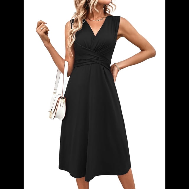 Vestido de Verano Sin Mangas con Cuello en V Cruzado para Mujer, Vestido de Tirantes Acampanado Negro M